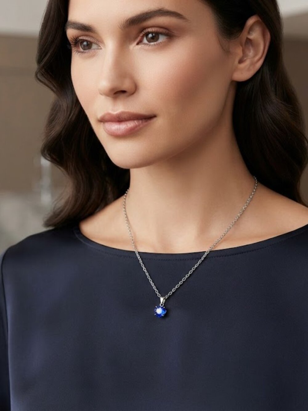Express Silver Tone Blue Faux Sapphire Round Solitaire Pendant Chain Necklace